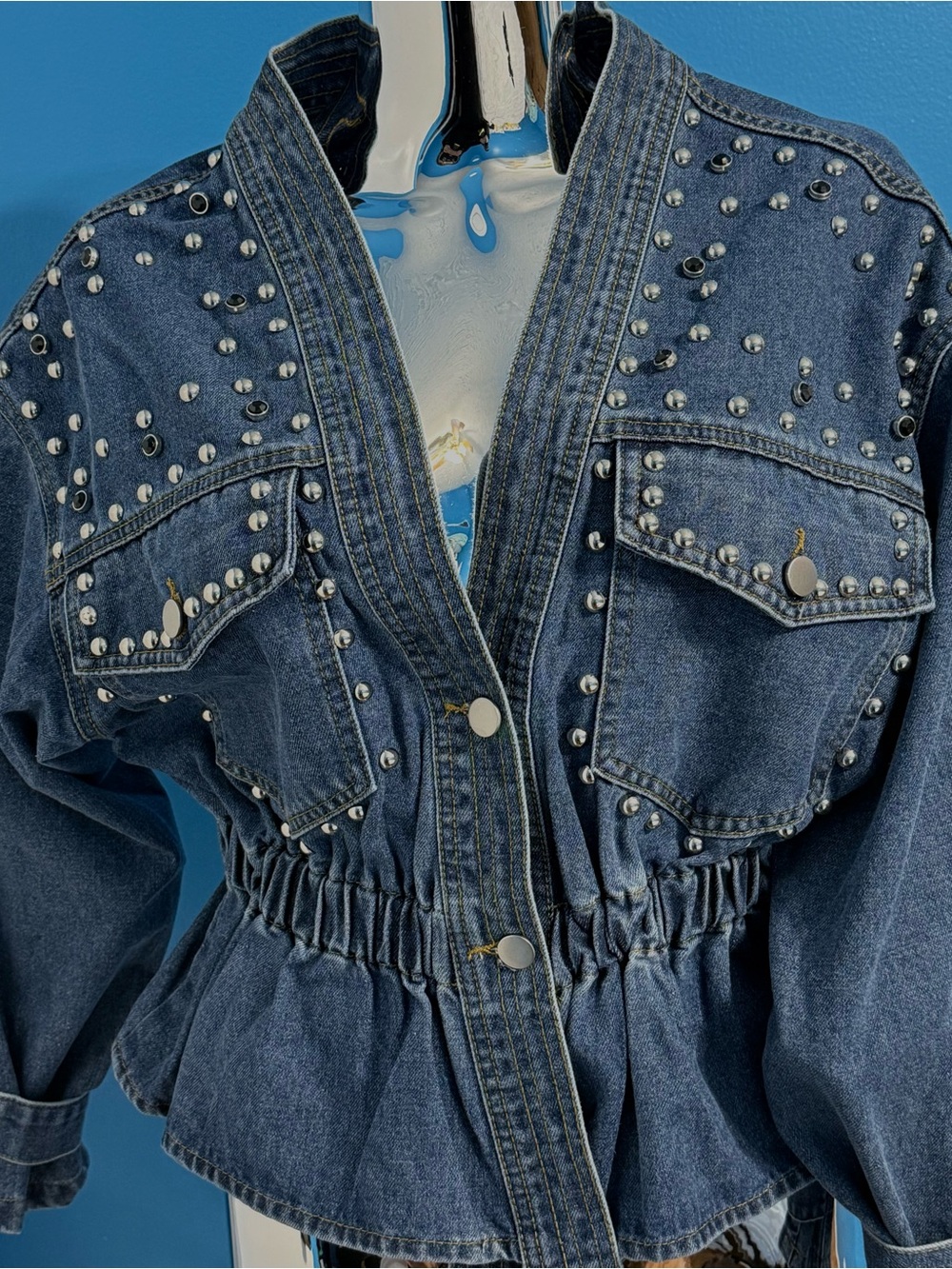 Women’s Dark Blue Studded Denim Jacket with Elastic Waist